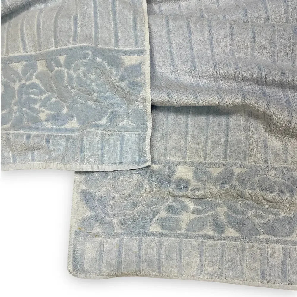 Vintage Mid Century St. Mary's | Blue Sculpted Floral Cotton Bath Hair Towel Set
